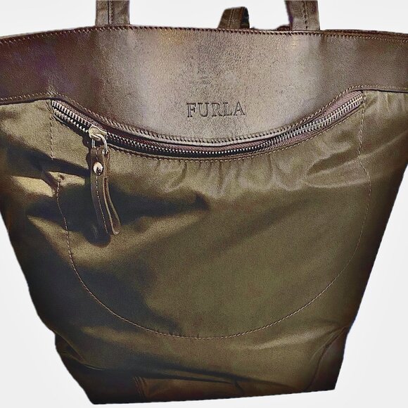 Furla Handbags - Furla Tote Nylon/Leather Shoulder Bag Chocolate Brown Zipper Pocket Lightweight